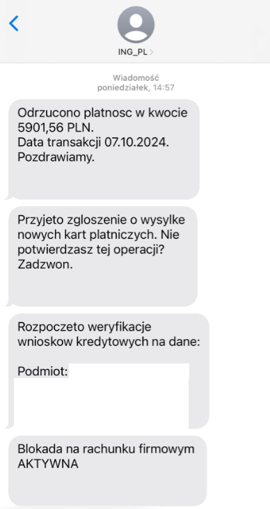 SMS od oszusta podającego się za pracownika banku ING