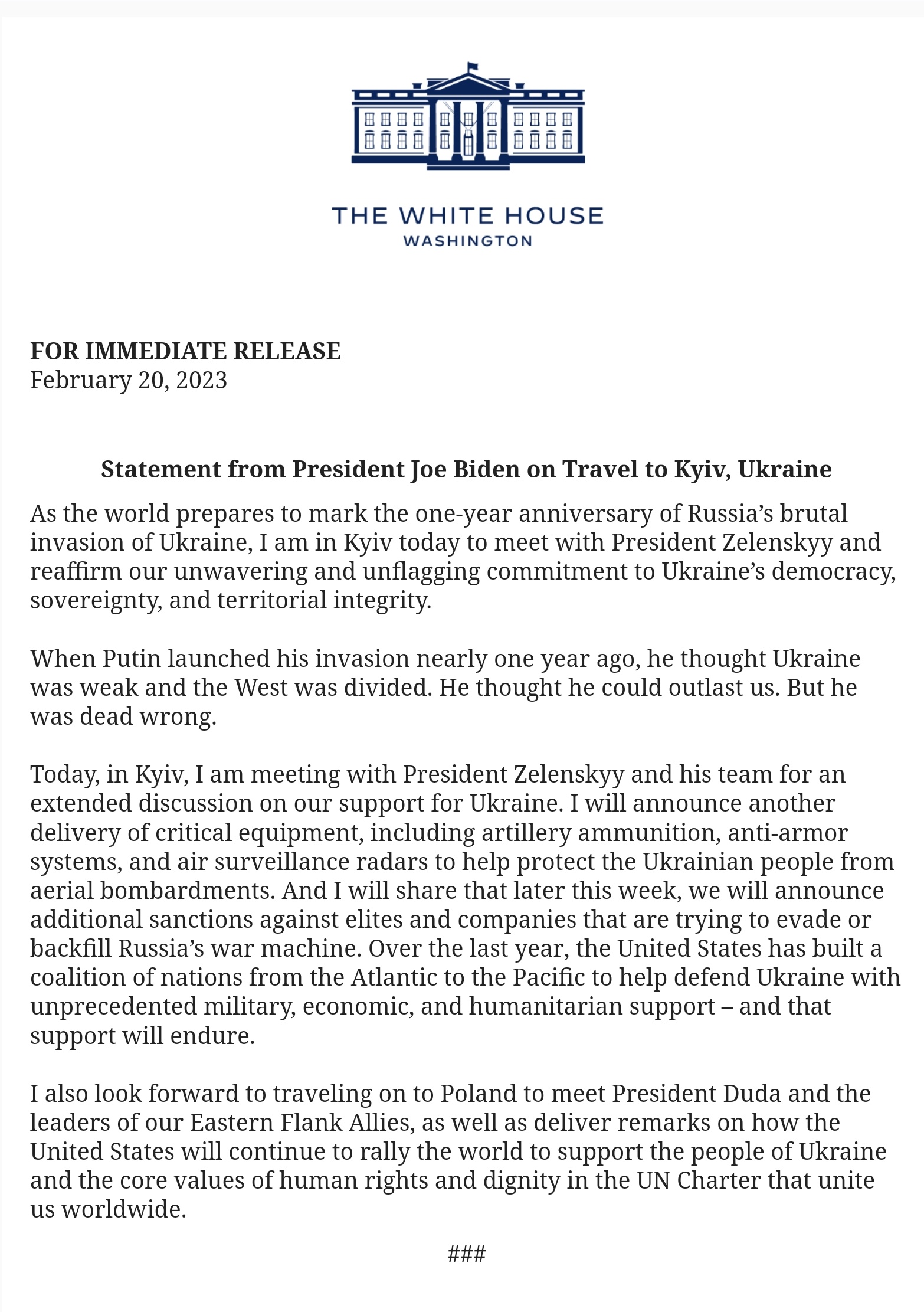 Oświadczenie Białego Domu o wizycie Joe Bidena w Kijowie