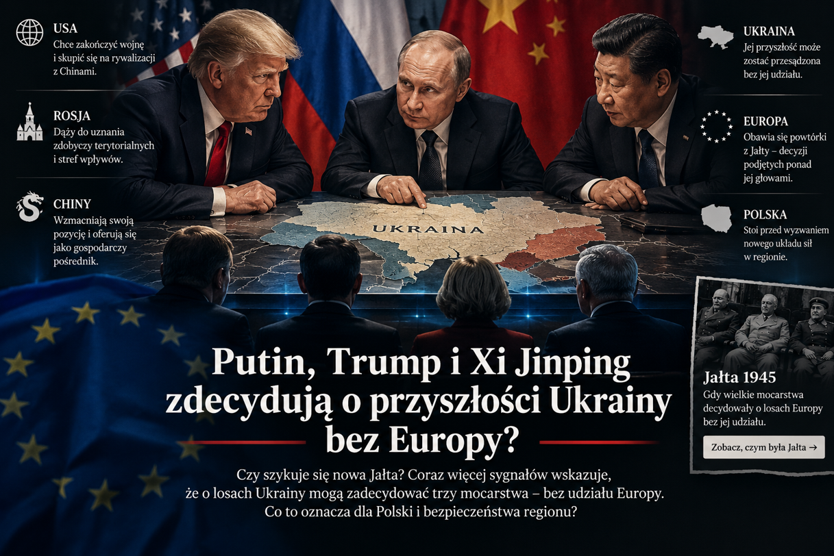 Symboliczna ilustracja drugiej Jałty z Putinem, Trumpem i Xi Jinpingiem oraz mapą Ukrainy i Europy.